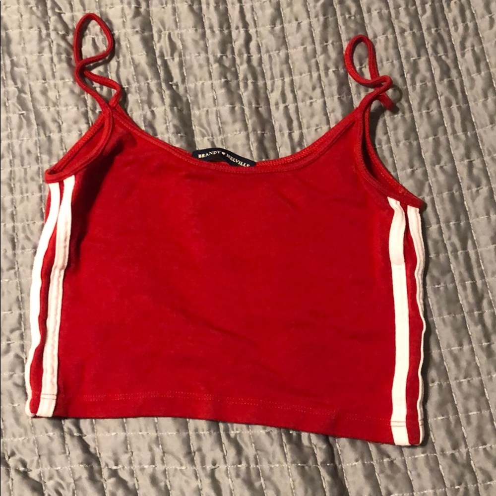 Red cropped tank top with white stripes